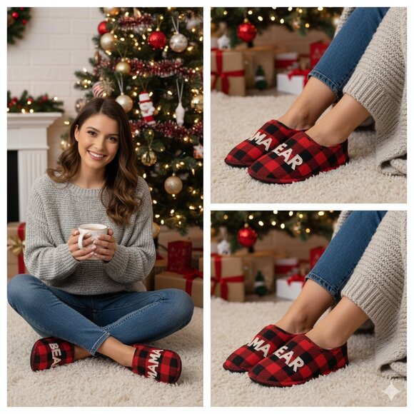 dearfoams Shoes - NWT Dearfoams “Mama Bear” Red Buffalo Plaid Slippers Size XL